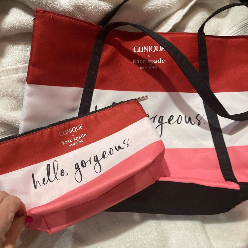 Clinique + Kate Spade shopper tote & Cosmetic case White Red Pink Brand NEW!